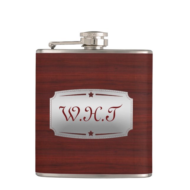 Gorgeous Red Wood and Silver Printed Monogram Hip Flask (Front)