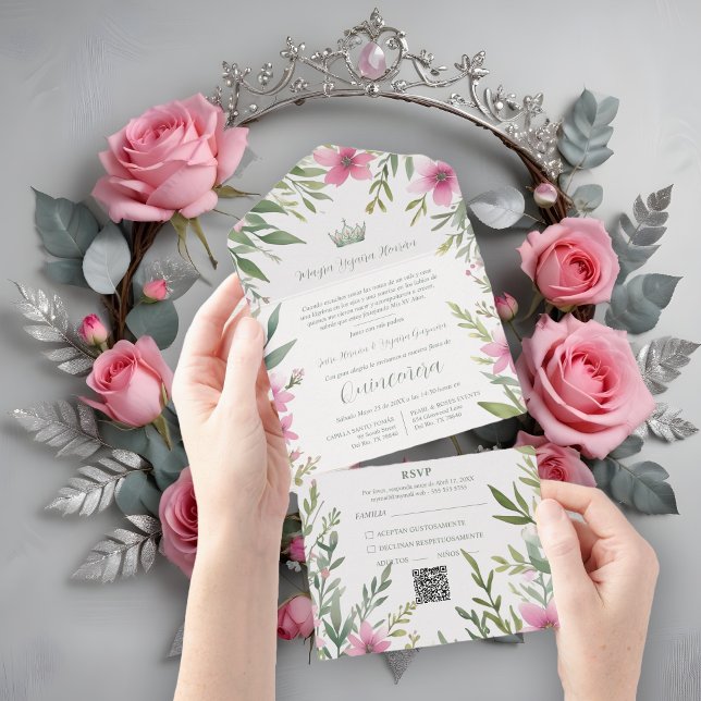 Gorgeous Romantic Pink & Green Princess Tiara All In One Invitation (Gorgeous Romantic Pink & Green Princess Tiara on Floral Frame Watercolor Effect Spanish Quinceañera )