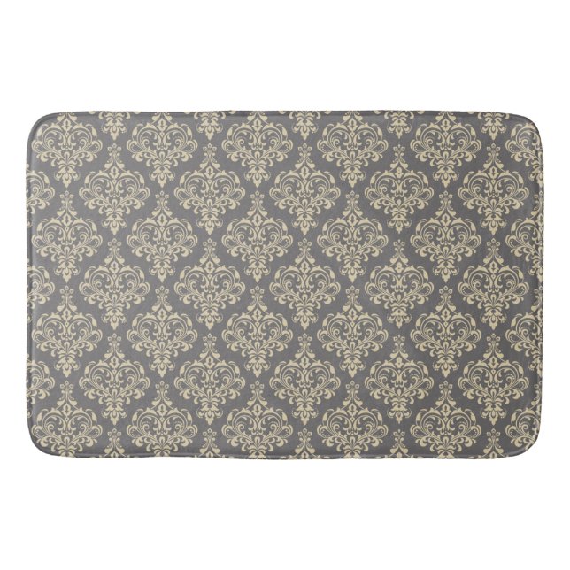 Gorgeous Royal Floral Damask Pattern On Grey Bath Mat (Front)