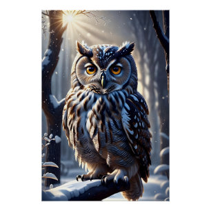 Gorgeous Snow Owl on Tree Branch Limb Poster
