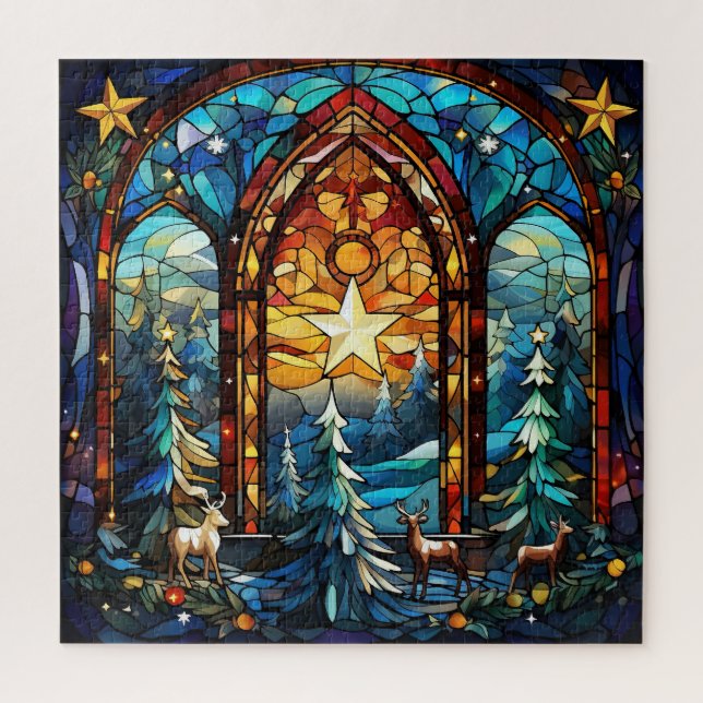 Gorgeous Stained Glass Winter In the Forest Jigsaw Puzzle (Vertical)