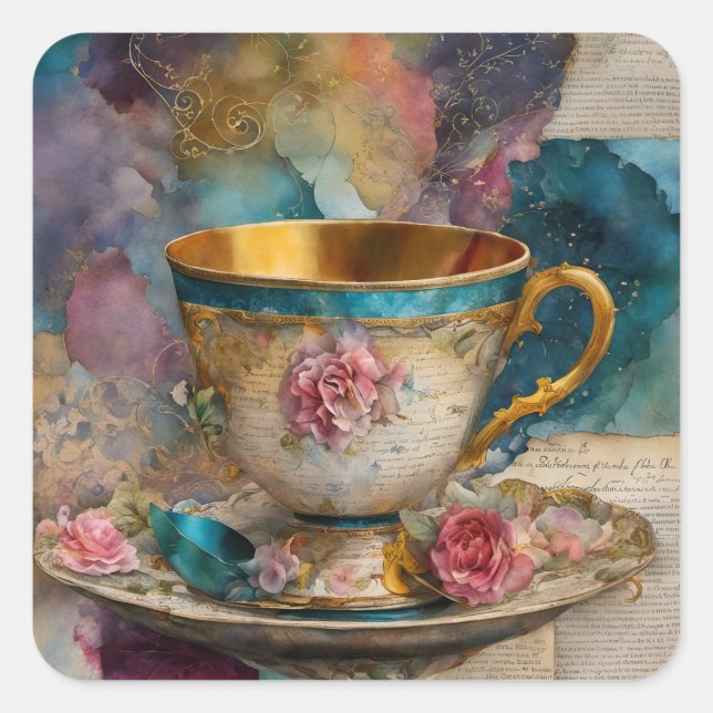 Gorgeous Teacup Mixed Media Collage Painting Square Sticker (Front)