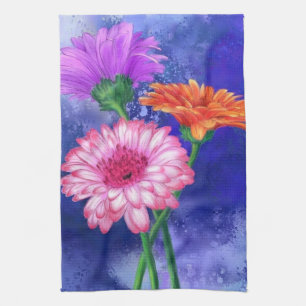 Gorgeous Three Colour Gerberas - Migned Art Drawin Kitchen Towel