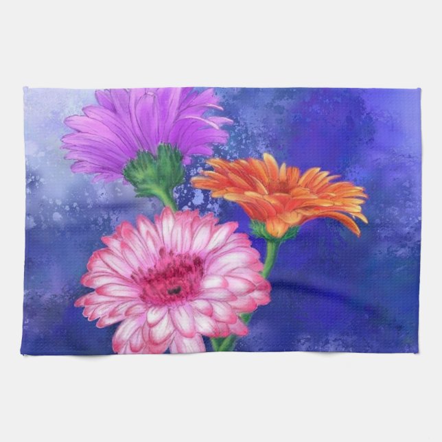 Gorgeous Three Colour Gerberas - Migned Drawing Ar Kitchen Towel (Horizontal)