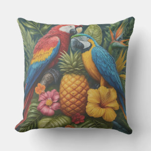 Gorgeous tropical Pineapple Parrot and flowers Outdoor Pillow