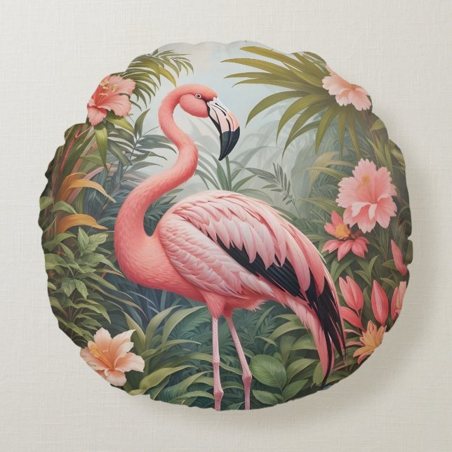 Gorgeous Tropical Pink Flamingo Bird Round Pillow (Front)