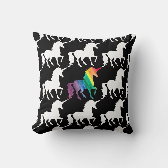 Gorgeous Unicorn Rainbow Black & White Pattern Throw Pillow (Front)
