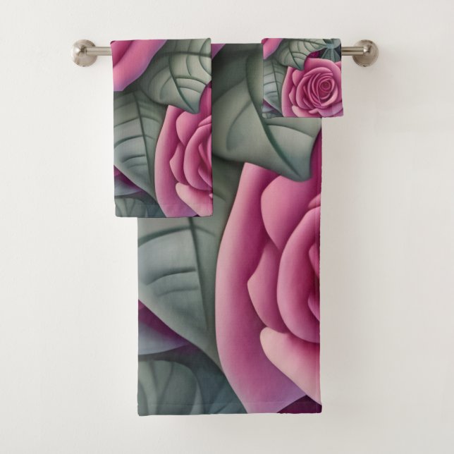 Gorgeous Victorian Pastel Pink Rose Print Bath Towel Set (Insitu)