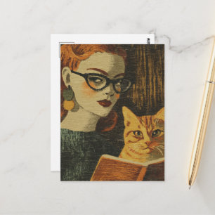Gorgeous Vintage Lady and Her Cat Reading Postcard