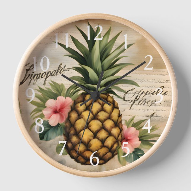 Gorgeous Vintage Rustic Calligraphy Pineapple Art Clock (Front)