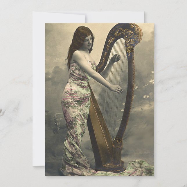 Gorgeous Vintage Woman Harpist  Invitations (Front)