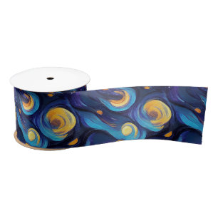 Gorgeous Watercolor Blue Starry Night Painted Satin Ribbon