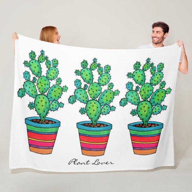 Gorgeous Watercolor Cactus In Beautiful Pot Fleece Blanket (In Situ)