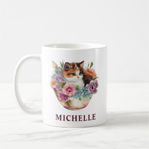 Gorgeous Watercolor Calico Cat and Flowers Coffee Mug