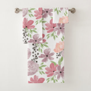 Gorgeous Watercolor Floral Print Mauve Lilac Bath Towel Set