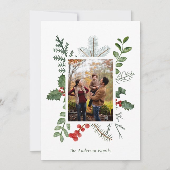 Gorgeous Watercolor Greenery Photo Christmas Holiday Card (Front)
