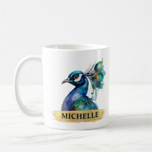 Gorgeous Watercolor Peacock and Gold Brushstroke Coffee Mug