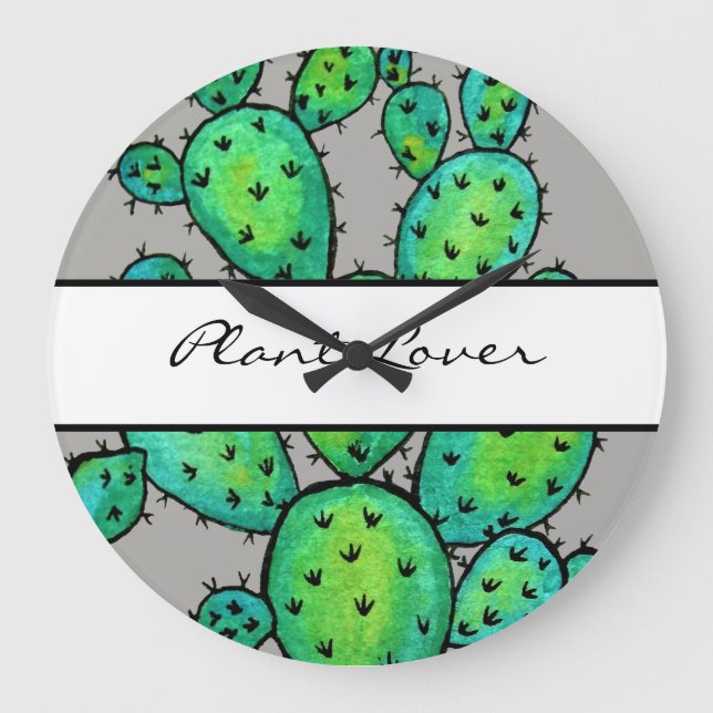 Gorgeous Watercolor Prickly Cactus Large Clock (Front)