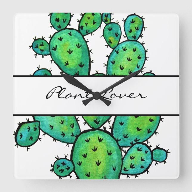 Gorgeous Watercolor Prickly Cactus Square Wall Clock (Front)