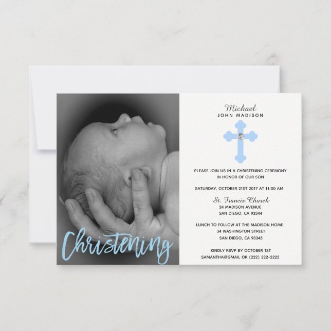Gorgeous White Blue Cross Boy PHOTO Christening Invitation (Front)