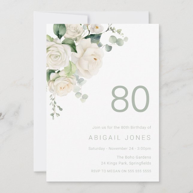 Gorgeous White Roses 80th Birthday Party Invitation (Front)
