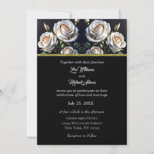 Gorgeous white roses with golden details, elegant  invitation