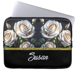 Gorgeous white roses with golden details, elegant laptop sleeve