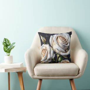 Gorgeous white roses with golden details throw pillow