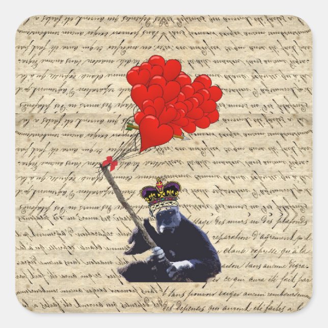 Gorilla and heart balloons square sticker (Front)