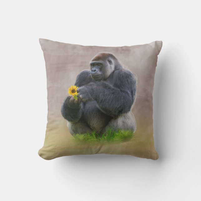 Gorilla and Yellow Daisy Throw Pillow (Front)
