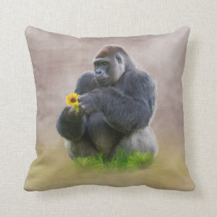 Gorilla and Yellow Daisy Throw Pillow