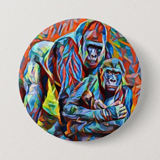 Gorilla Ape Family Abstract Animals Wildlife Art 3 Inch Round Button (Front)