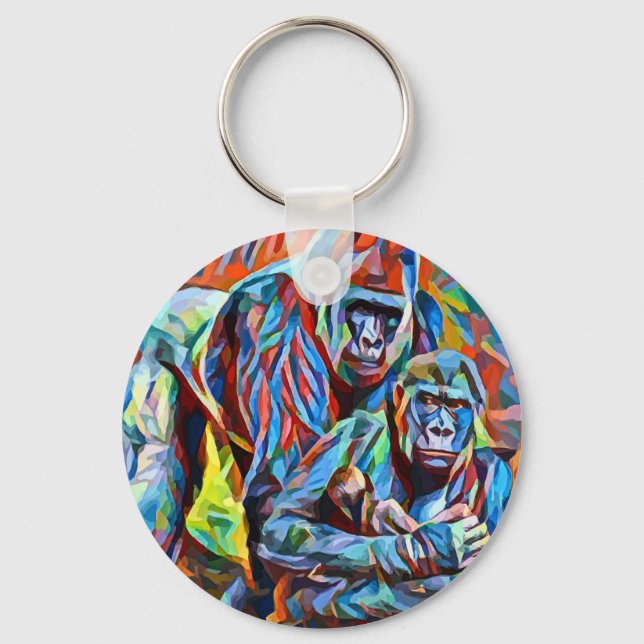 Gorilla Ape Family Abstract Animals Wildlife Art Keychain (Front)