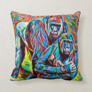 Gorilla Ape Family Abstract Animals Wildlife Art  Throw Pillow