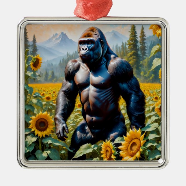 Gorilla Ape In A Field Of Sunflower Metal Ornament (Front)