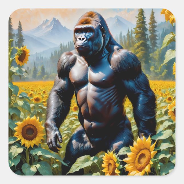 Gorilla Ape In A Field Of Sunflower Square Sticker (Front)