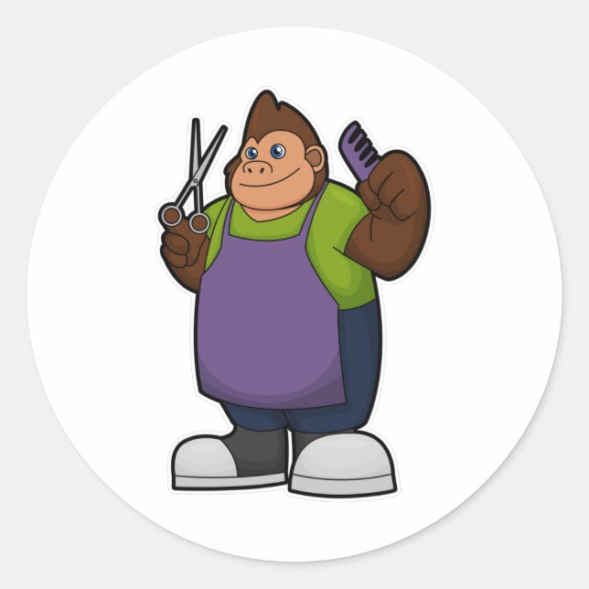 Gorilla as Hairdresser with Scissors & Comb Classic Round Sticker (Front)