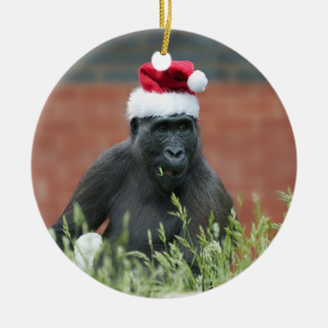 Gorilla At Christmas Ceramic Ornament (Front)