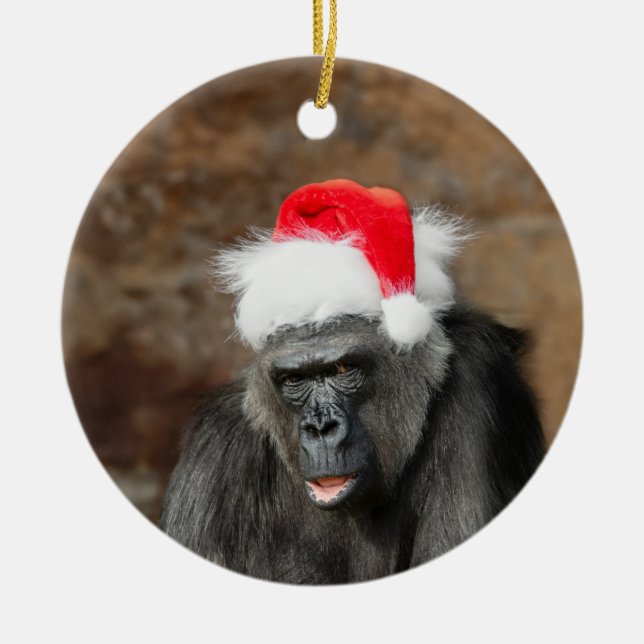 Gorilla Biddy in a Festive Christmas Hat Ceramic Ornament (Front)