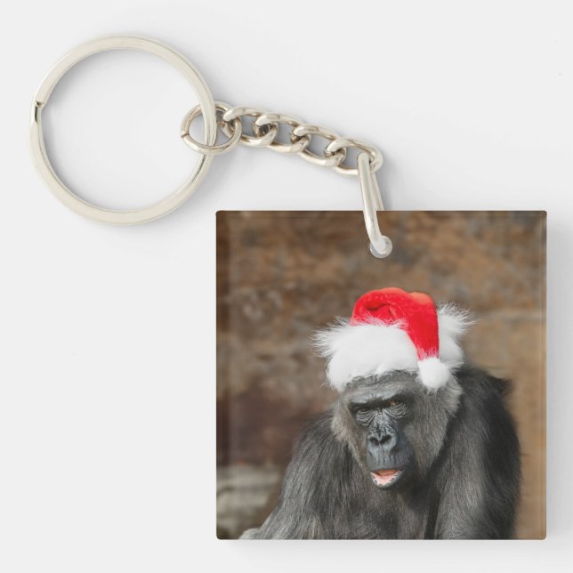 Gorilla Biddy in a Festive Christmas Hat Keychain (Front)