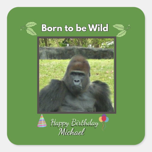 Gorilla Birthday Bash in Green Square Sticker (Front)