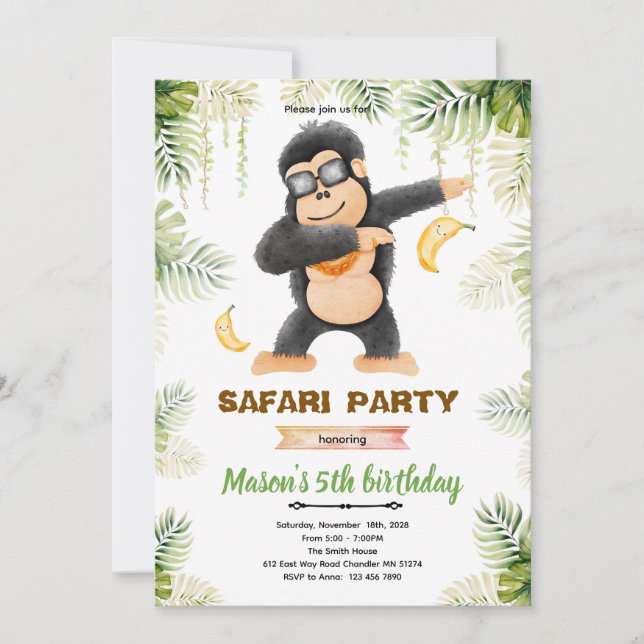 Gorilla birthday party invitation (Front)