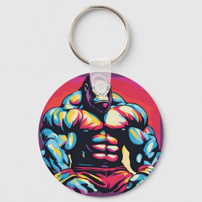 Gorilla Bodybuilder Lifter Pop Art Cartoon Keychain (Front)