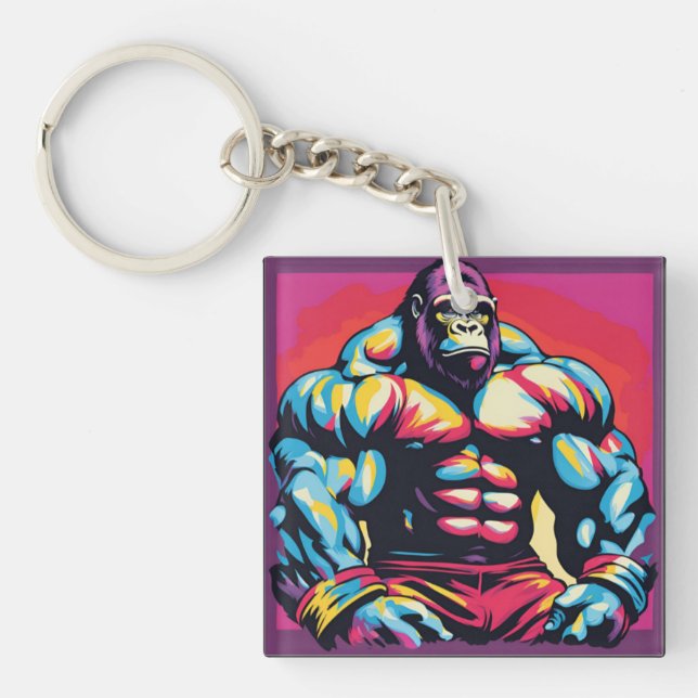 Gorilla Bodybuilder Lifter Pop Art Cartoon Keychain (Front)