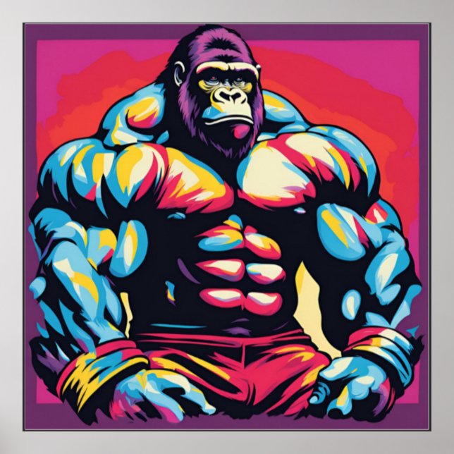 Gorilla Bodybuilder Lifter Pop Art Cartoon Poster (Front)