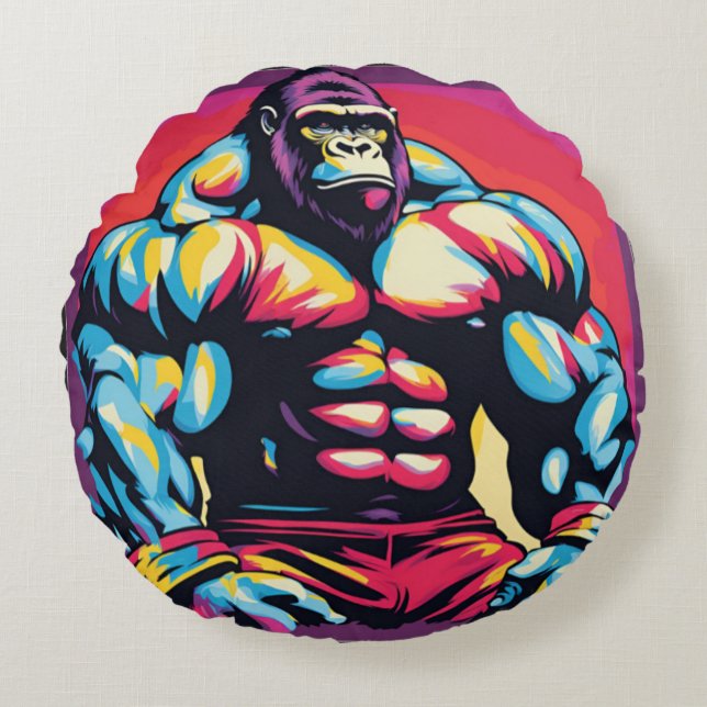 Gorilla Bodybuilder Lifter Pop Art Cartoon Round Pillow (Front)