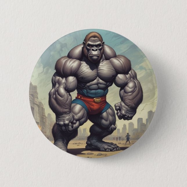 Gorilla Bodybuilder Pop Art Cartoon Drawing 2 Inch Round Button (Front)