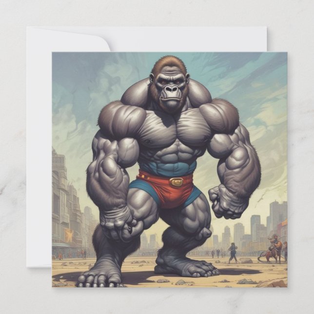 Gorilla Bodybuilder Pop Art Cartoon Drawing Card (Front)