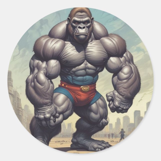 Gorilla Bodybuilder Pop Art Cartoon Drawing Classic Round Sticker (Front)