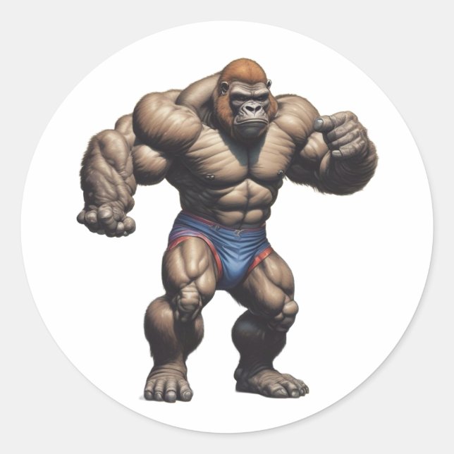 Gorilla Bodybuilder Pop Art Cartoon Drawing Classic Round Sticker (Front)